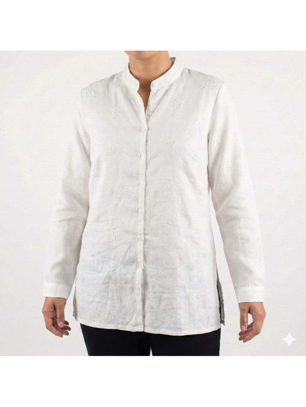 LAURA 100% Linen Embroidered Button Front Long Sleeve Tunic Top Side Splits Sz L